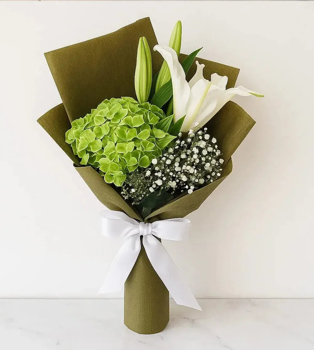 Lime Green Hydrangea & White Lily Bouquet