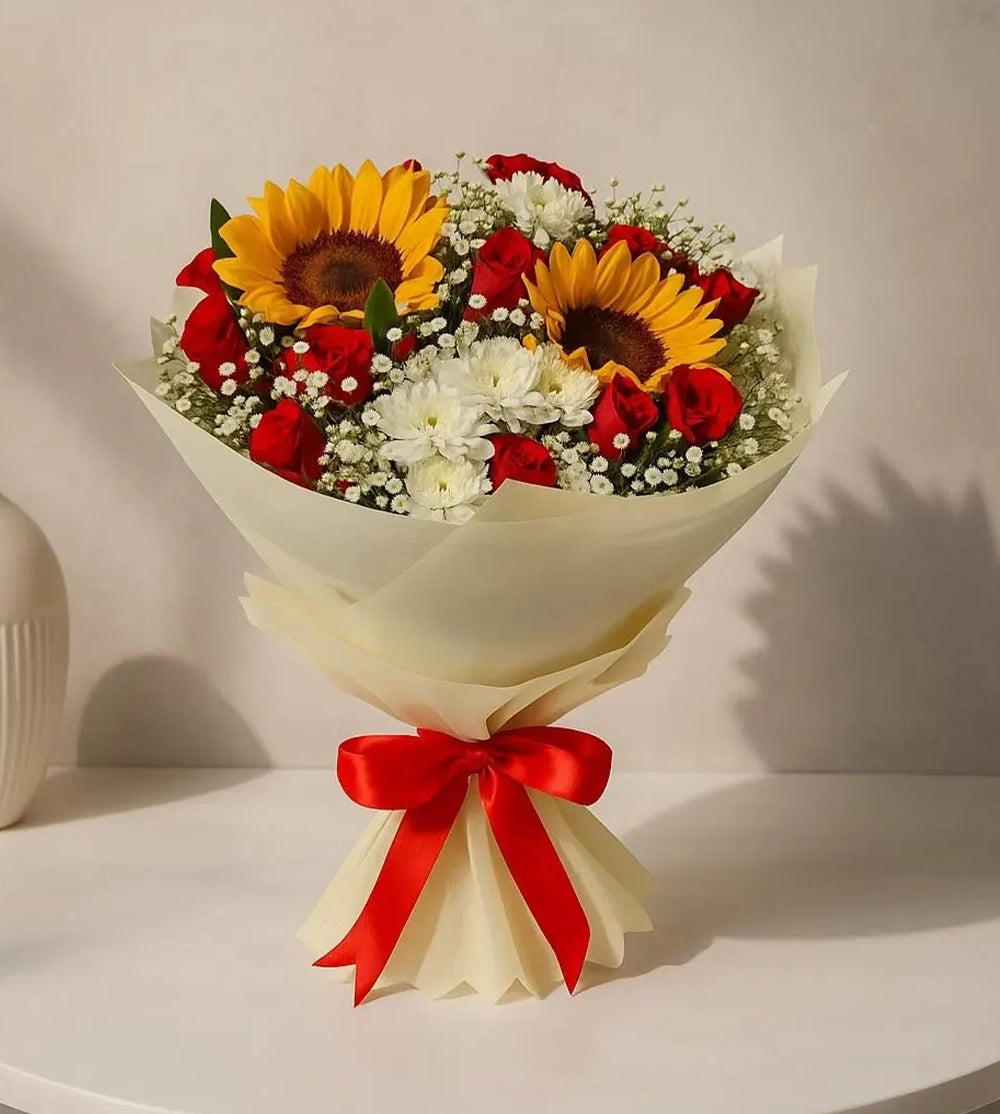Sunflower Rose Chrysanthemum and Baby’s Breath Hand Bouquet