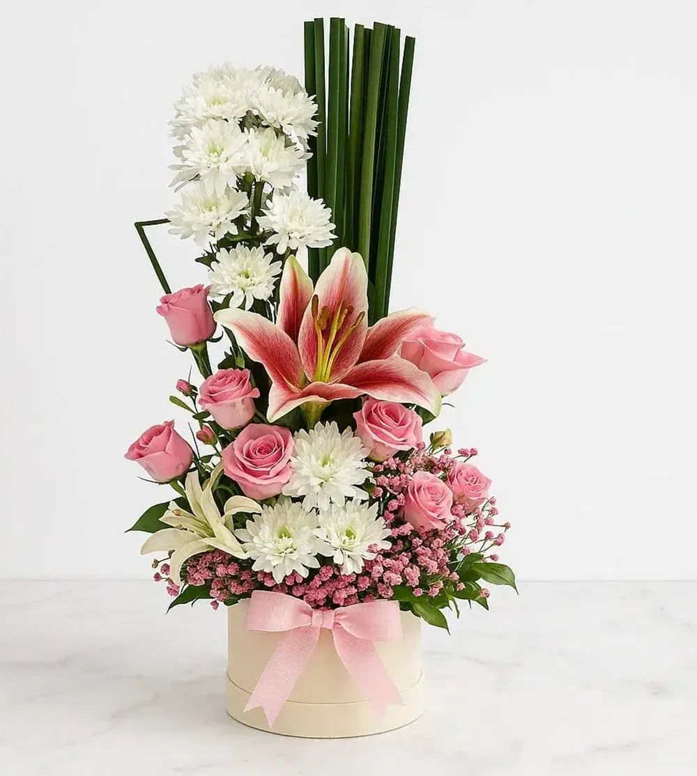 Pink Lily & Rose Flower Box Arrangement