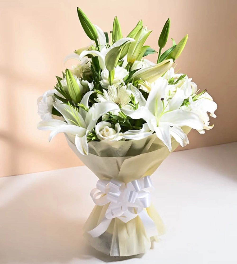 Fresh Orchid Bouquet with Purple Ribbon